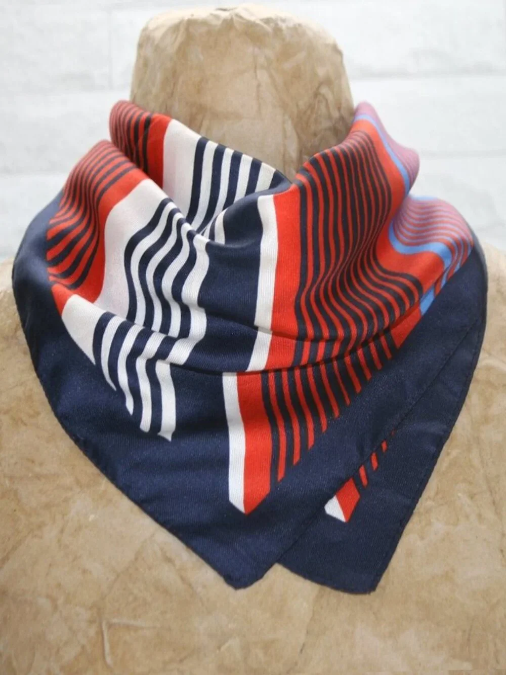 VINTAGE Scarf Square Striped Headscarf Colorful Small Patriotic Red White Blue
